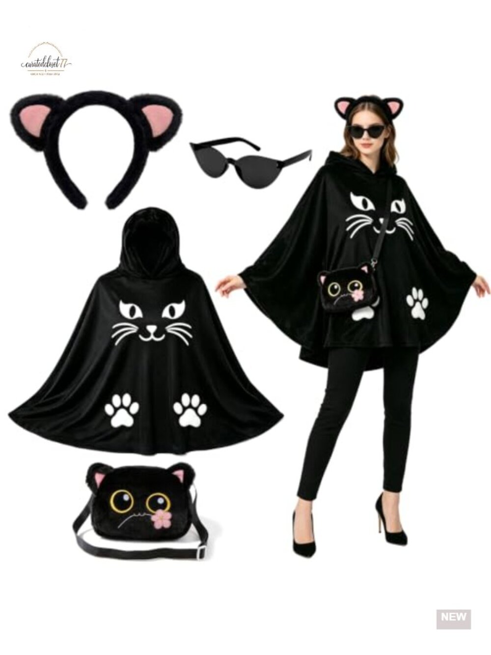 Black Cat Costume Set Cape Halloween Poncho for Women